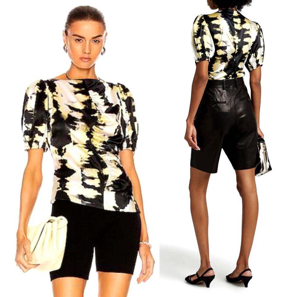 Ganni Silk Tie-Dye Ruched Blouse Women's Size EU 32 / XXS / US 0 NEW $325